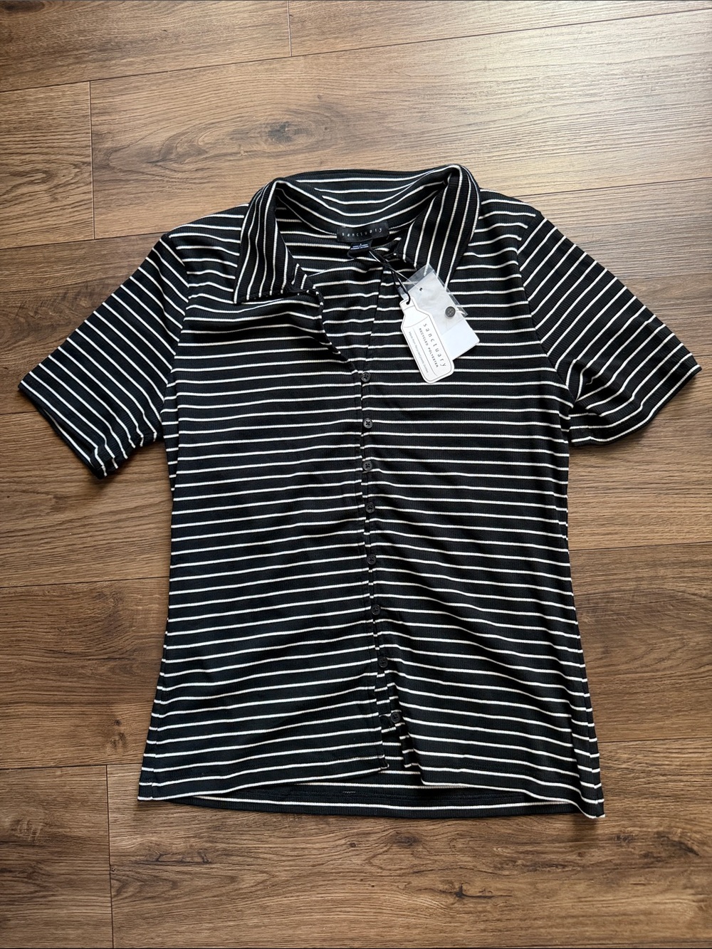 Sanctuary Black and White Striped Short-Sleeve Polo Top